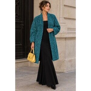 Vintage Koret Teal Blue Boucle Wool Blend Open Front Coat Jacket Women's L USA